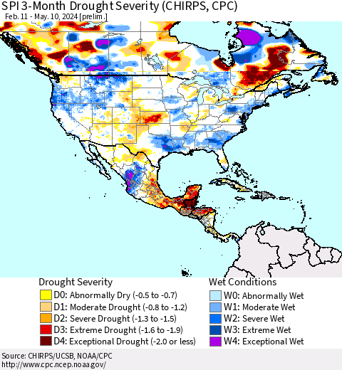 North America SPI 3-Month Drought Severity (CHIRPS) Thematic Map For 2/11/2024 - 5/10/2024