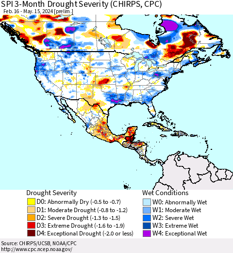North America SPI 3-Month Drought Severity (CHIRPS) Thematic Map For 2/16/2024 - 5/15/2024