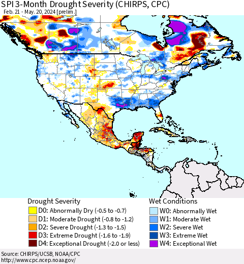 North America SPI 3-Month Drought Severity (CHIRPS) Thematic Map For 2/21/2024 - 5/20/2024