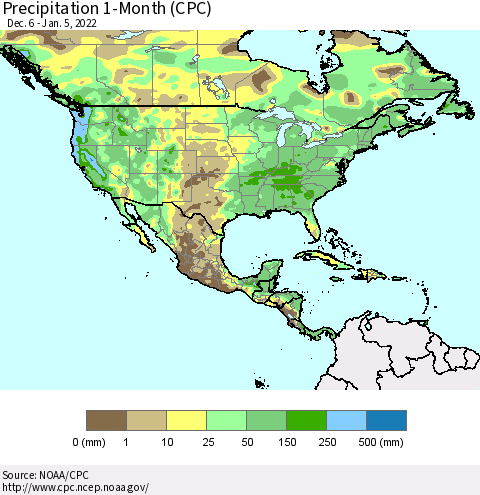 North America Precipitation 1-Month (CPC) Thematic Map For 12/6/2021 - 1/5/2022