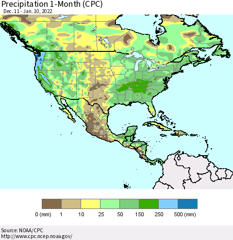 North America Precipitation 1-Month (CPC) Thematic Map For 12/11/2021 - 1/10/2022