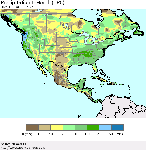 North America Precipitation 1-Month (CPC) Thematic Map For 12/16/2021 - 1/15/2022