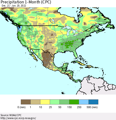 North America Precipitation 1-Month (CPC) Thematic Map For 12/21/2021 - 1/20/2022