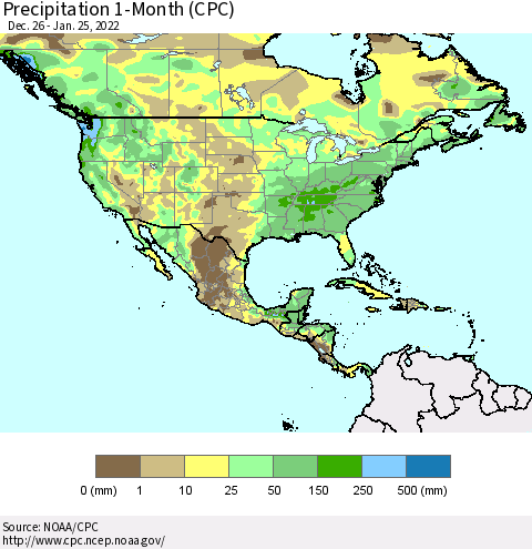 North America Precipitation 1-Month (CPC) Thematic Map For 12/26/2021 - 1/25/2022