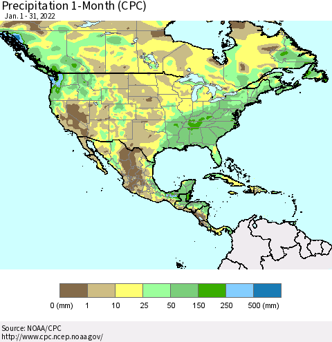 North America Precipitation 1-Month (CPC) Thematic Map For 1/1/2022 - 1/31/2022