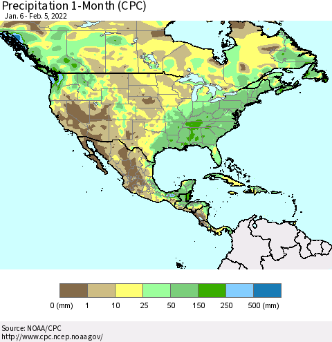 North America Precipitation 1-Month (CPC) Thematic Map For 1/6/2022 - 2/5/2022