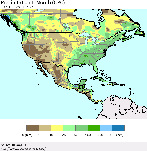 North America Precipitation 1-Month (CPC) Thematic Map For 1/11/2022 - 2/10/2022