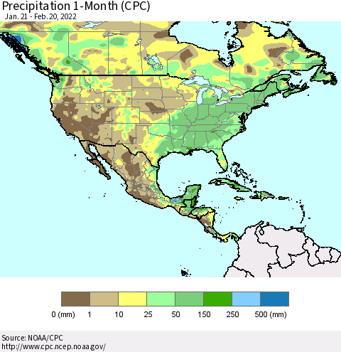 North America Precipitation 1-Month (CPC) Thematic Map For 1/21/2022 - 2/20/2022