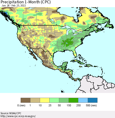 North America Precipitation 1-Month (CPC) Thematic Map For 1/26/2022 - 2/25/2022