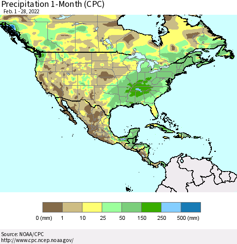 North America Precipitation 1-Month (CPC) Thematic Map For 2/1/2022 - 2/28/2022