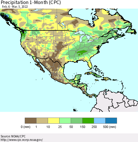 North America Precipitation 1-Month (CPC) Thematic Map For 2/6/2022 - 3/5/2022