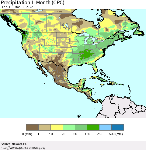 North America Precipitation 1-Month (CPC) Thematic Map For 2/11/2022 - 3/10/2022