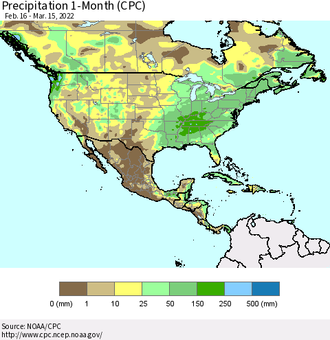 North America Precipitation 1-Month (CPC) Thematic Map For 2/16/2022 - 3/15/2022