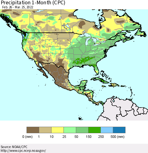 North America Precipitation 1-Month (CPC) Thematic Map For 2/26/2022 - 3/25/2022