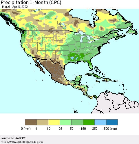 North America Precipitation 1-Month (CPC) Thematic Map For 3/6/2022 - 4/5/2022