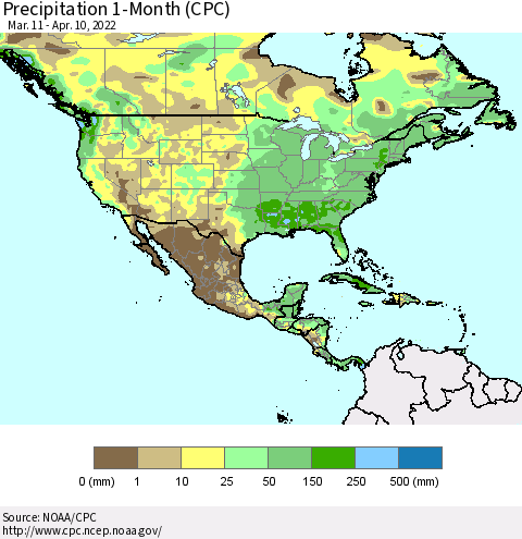 North America Precipitation 1-Month (CPC) Thematic Map For 3/11/2022 - 4/10/2022