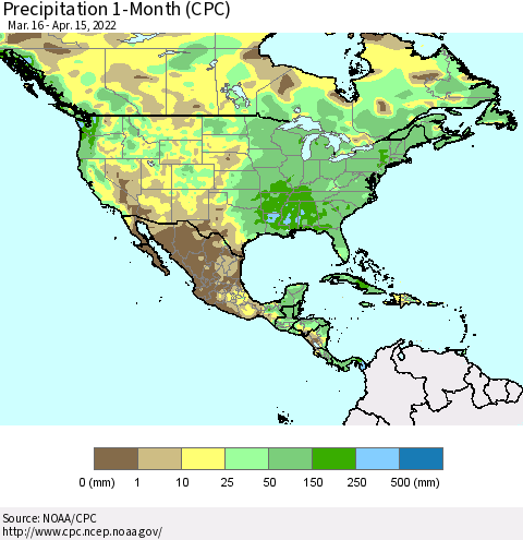 North America Precipitation 1-Month (CPC) Thematic Map For 3/16/2022 - 4/15/2022
