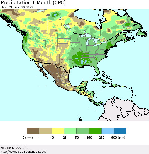 North America Precipitation 1-Month (CPC) Thematic Map For 3/21/2022 - 4/20/2022