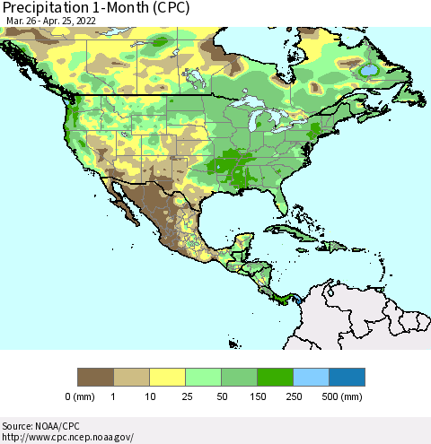 North America Precipitation 1-Month (CPC) Thematic Map For 3/26/2022 - 4/25/2022
