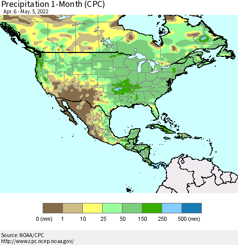 North America Precipitation 1-Month (CPC) Thematic Map For 4/6/2022 - 5/5/2022