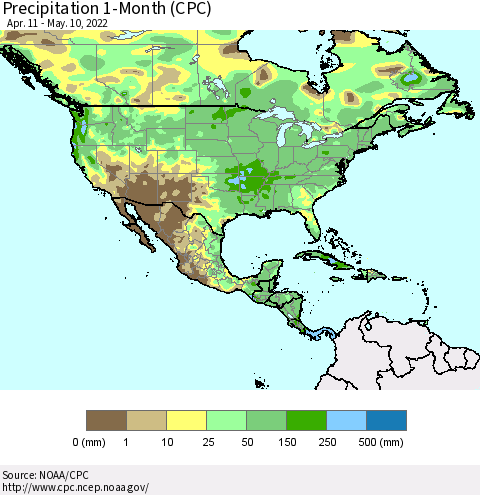 North America Precipitation 1-Month (CPC) Thematic Map For 4/11/2022 - 5/10/2022