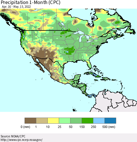 North America Precipitation 1-Month (CPC) Thematic Map For 4/16/2022 - 5/15/2022