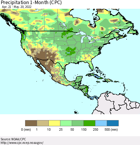 North America Precipitation 1-Month (CPC) Thematic Map For 4/21/2022 - 5/20/2022