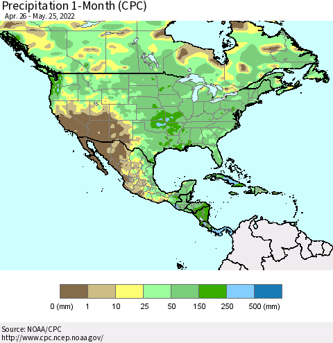 North America Precipitation 1-Month (CPC) Thematic Map For 4/26/2022 - 5/25/2022