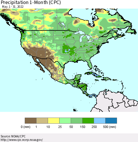 North America Precipitation 1-Month (CPC) Thematic Map For 5/1/2022 - 5/31/2022