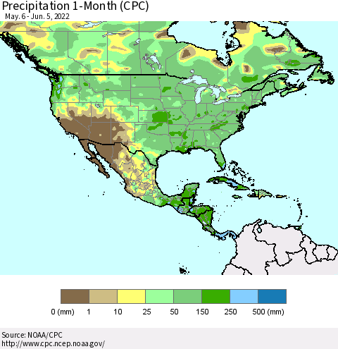 North America Precipitation 1-Month (CPC) Thematic Map For 5/6/2022 - 6/5/2022