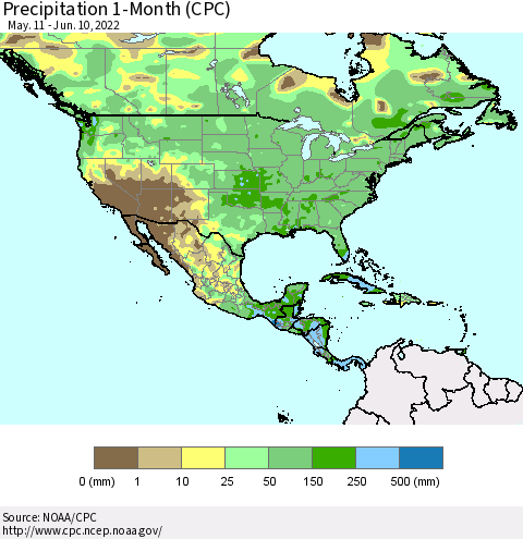 North America Precipitation 1-Month (CPC) Thematic Map For 5/11/2022 - 6/10/2022