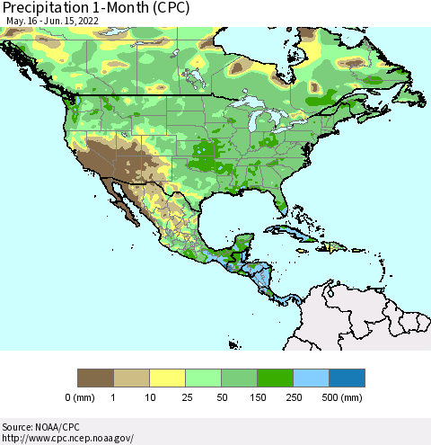 North America Precipitation 1-Month (CPC) Thematic Map For 5/16/2022 - 6/15/2022