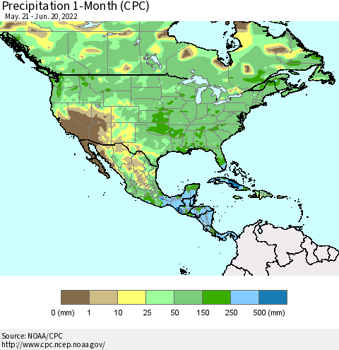 North America Precipitation 1-Month (CPC) Thematic Map For 5/21/2022 - 6/20/2022
