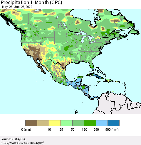 North America Precipitation 1-Month (CPC) Thematic Map For 5/26/2022 - 6/25/2022