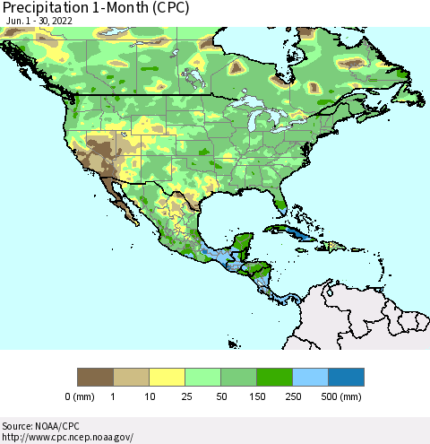 North America Precipitation 1-Month (CPC) Thematic Map For 6/1/2022 - 6/30/2022