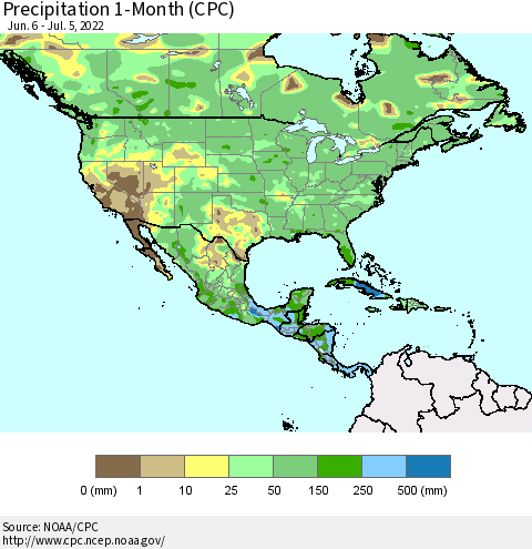 North America Precipitation 1-Month (CPC) Thematic Map For 6/6/2022 - 7/5/2022