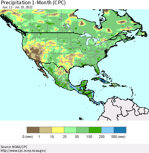 North America Precipitation 1-Month (CPC) Thematic Map For 6/11/2022 - 7/10/2022