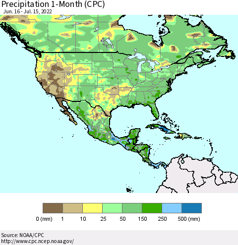 North America Precipitation 1-Month (CPC) Thematic Map For 6/16/2022 - 7/15/2022