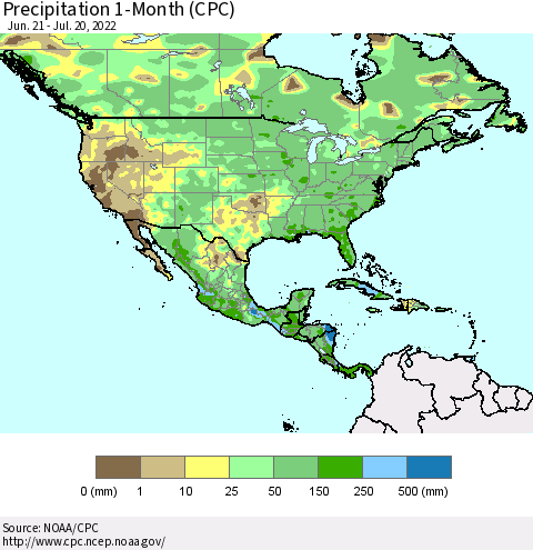 North America Precipitation 1-Month (CPC) Thematic Map For 6/21/2022 - 7/20/2022