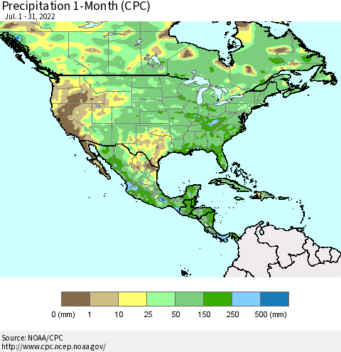 North America Precipitation 1-Month (CPC) Thematic Map For 7/1/2022 - 7/31/2022