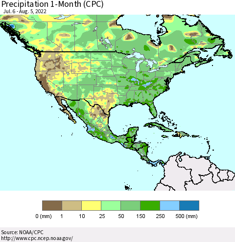 North America Precipitation 1-Month (CPC) Thematic Map For 7/6/2022 - 8/5/2022