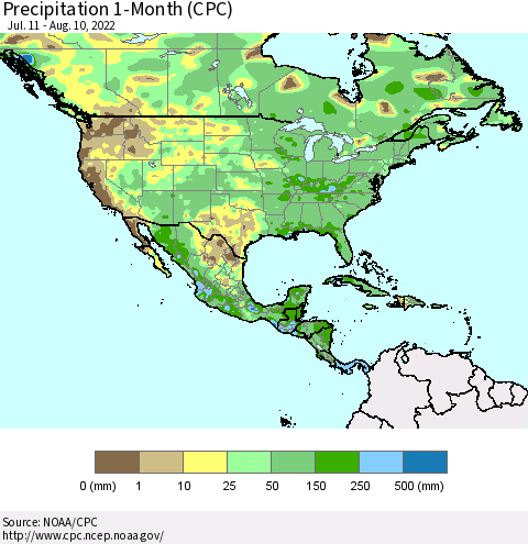 North America Precipitation 1-Month (CPC) Thematic Map For 7/11/2022 - 8/10/2022