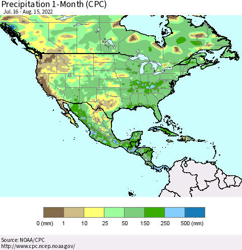 North America Precipitation 1-Month (CPC) Thematic Map For 7/16/2022 - 8/15/2022
