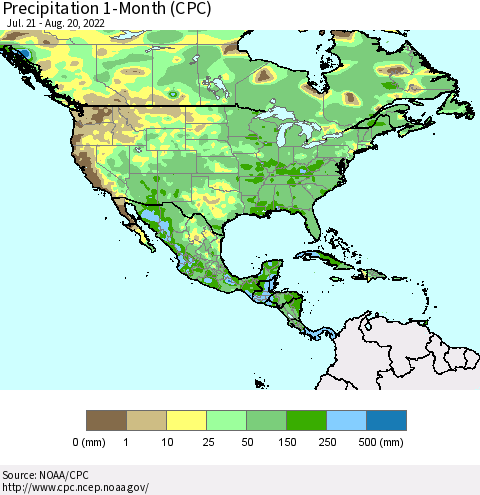 North America Precipitation 1-Month (CPC) Thematic Map For 7/21/2022 - 8/20/2022