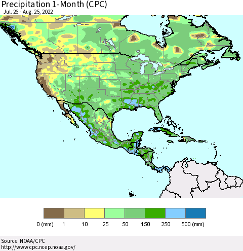 North America Precipitation 1-Month (CPC) Thematic Map For 7/26/2022 - 8/25/2022
