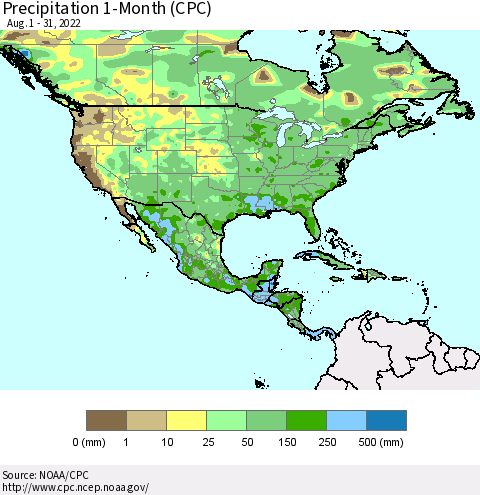 North America Precipitation 1-Month (CPC) Thematic Map For 8/1/2022 - 8/31/2022