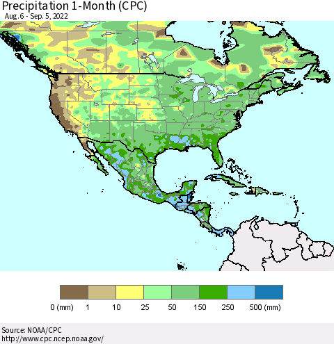 North America Precipitation 1-Month (CPC) Thematic Map For 8/6/2022 - 9/5/2022
