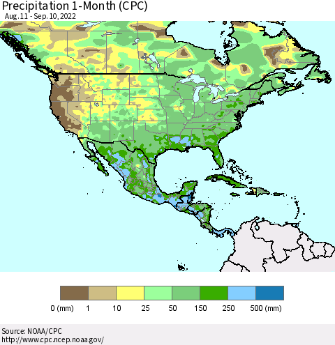 North America Precipitation 1-Month (CPC) Thematic Map For 8/11/2022 - 9/10/2022