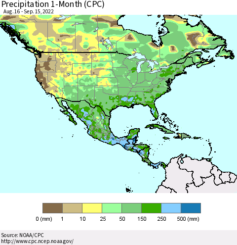 North America Precipitation 1-Month (CPC) Thematic Map For 8/16/2022 - 9/15/2022