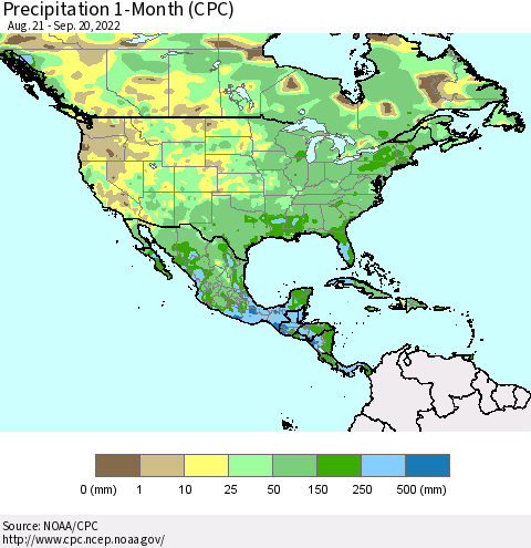 North America Precipitation 1-Month (CPC) Thematic Map For 8/21/2022 - 9/20/2022